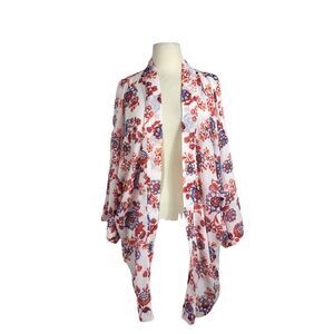 Ann Taylor White Blue Red  Floral Open Front Shawl Wrap Kimono Coverup New